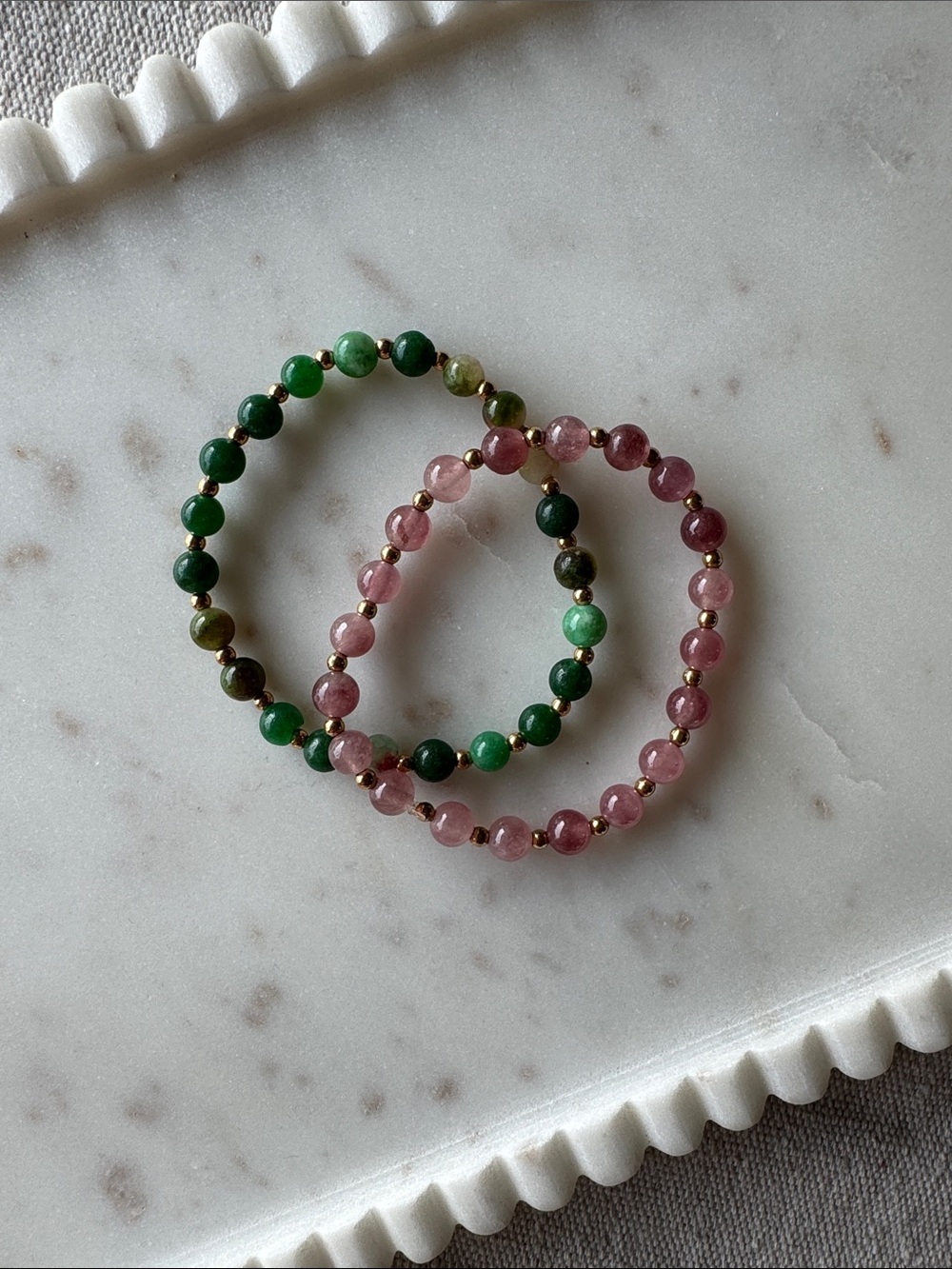 Set of 2 Beaded Stretch Bracelets - Jade & Strawberry Quartz Beaded Bracelet